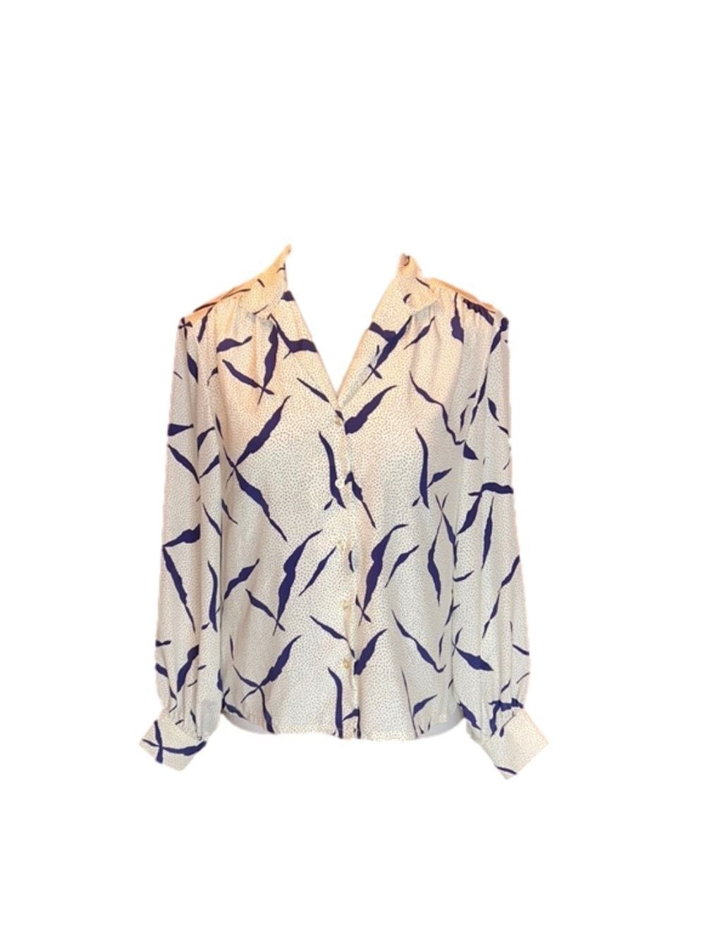 BLEYLE Vintage Navy Blue & Cream Print Button Down Blouse Size 8